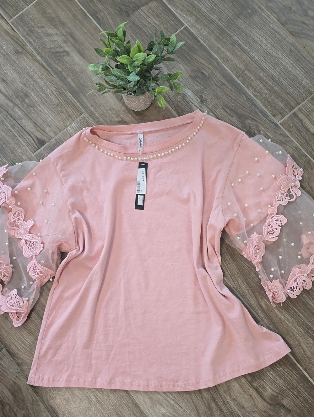 Women’s Blush Pink Pearl-Trim Top with Sheer Lace Sleeves